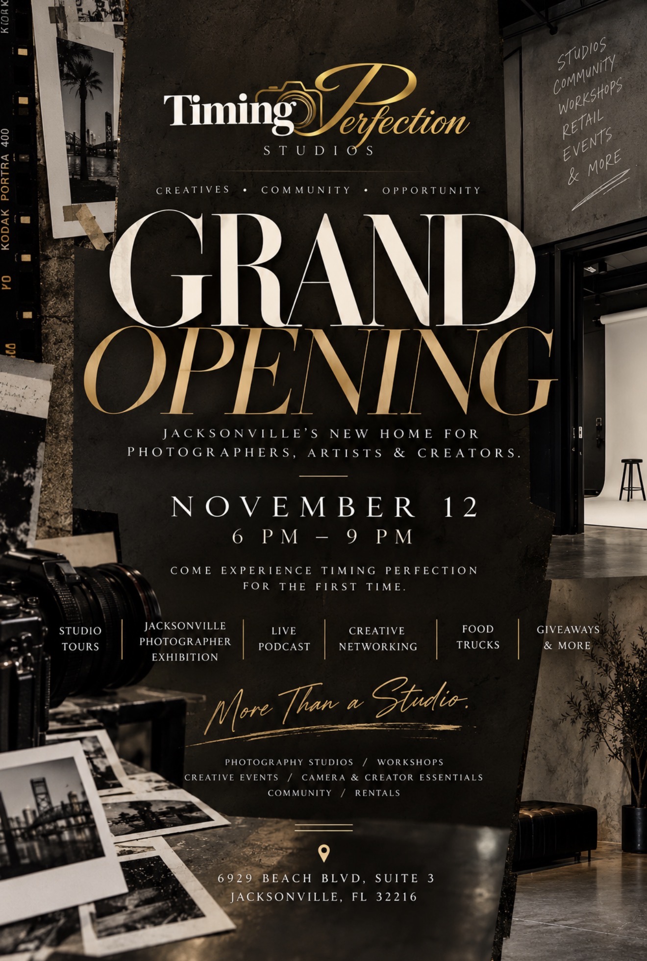 Flyer for Timing perfection studio grand opening