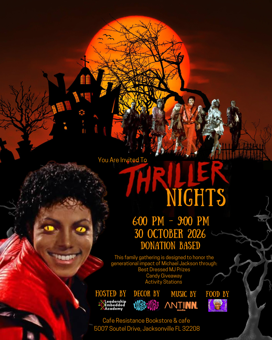 Flyer for “Thriller Nights: MJ Halloween Party”